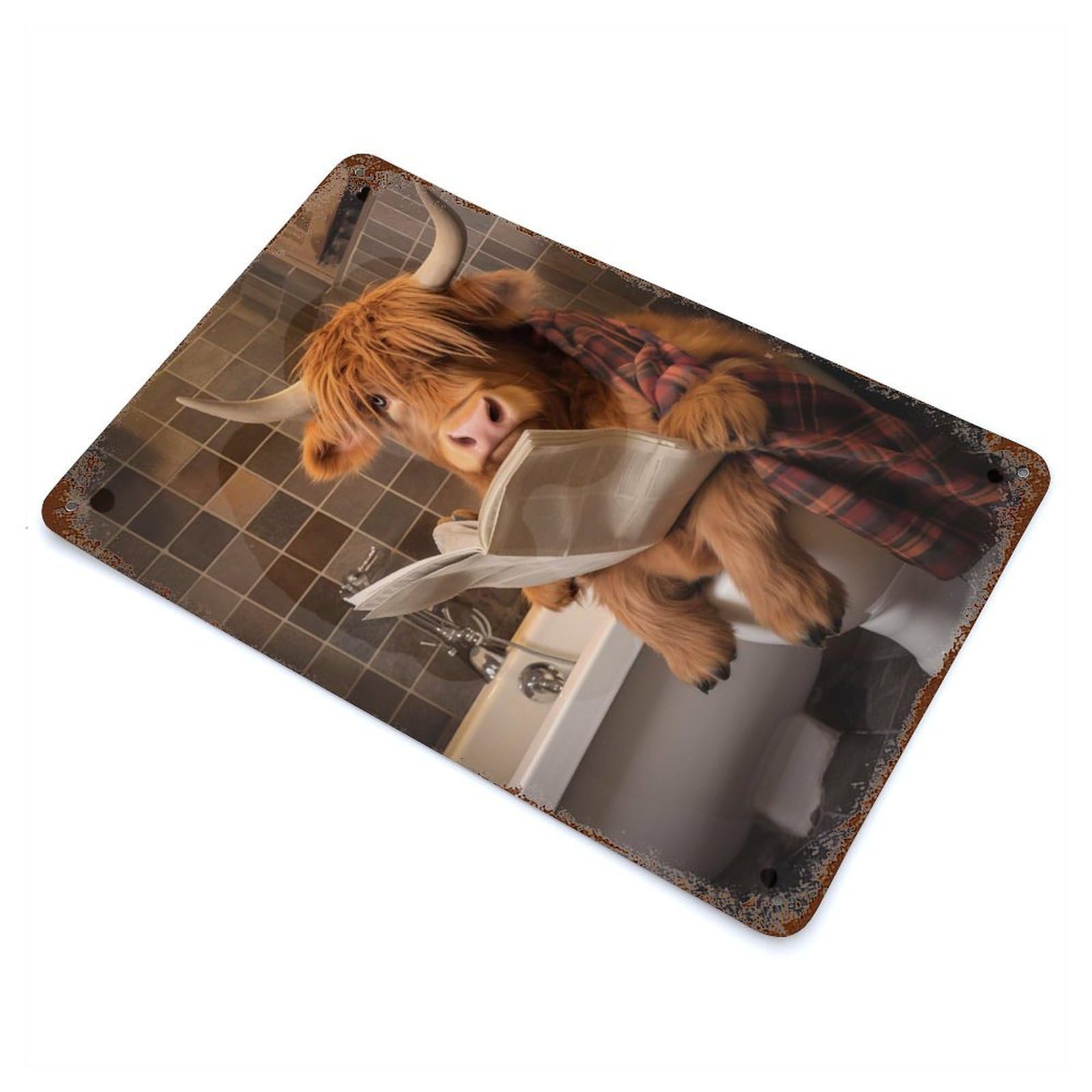 Distressed Metal Wall Sign Highland Cow on The Toilet 11.8"x7.9", Decorative Metal Wall Art for Farmhouse, Kitchen And Entryway Decor