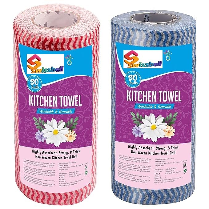 Swissbell Non Woven Reusable Kitchen Towel Roll - (Pack of 2) Highly Absorbent Multipurpose Washable Tissue Rolls For Wipes, Spills and Cleaning Kitchen Slabs-image-13