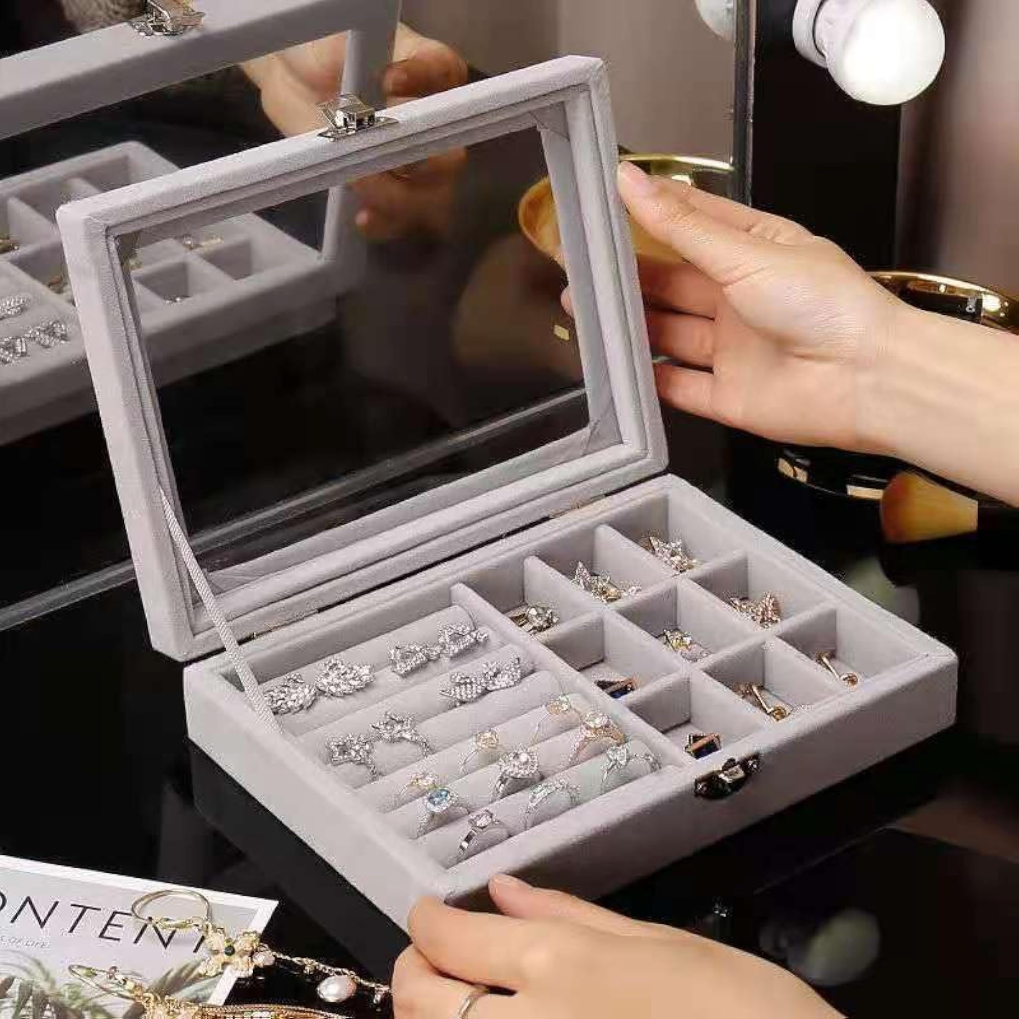 Portable Jewelry Storage Box Organizer, Gray Holder