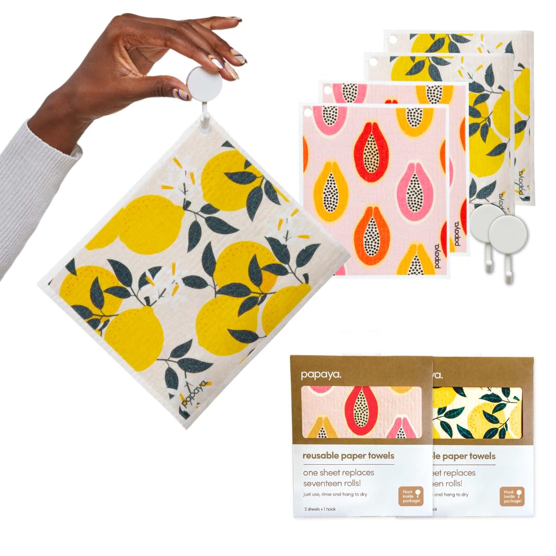 Papaya Reusable Paper Towels 4-Pack - 4 Sheets + 2 Hooks, Quick Drying, No Odor, 1 Sheet Replaces 17 Rolls, Washable Kitchen Cloth, Sustainable Dish Sponge, Eco Friendly Gift (Fruit Salad)