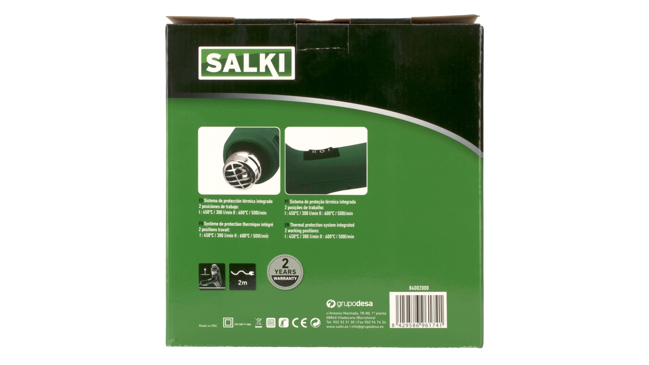 SALKI Pistola de Aire Caliente HSK 2000W 2E - Soplador de aire caliente de 2000W, 2 Niveles de Potencia, Temperatura del Aire 450-600 °C, Cable 2 Metros, Para Decapar, Secar, Quitar Vinilos