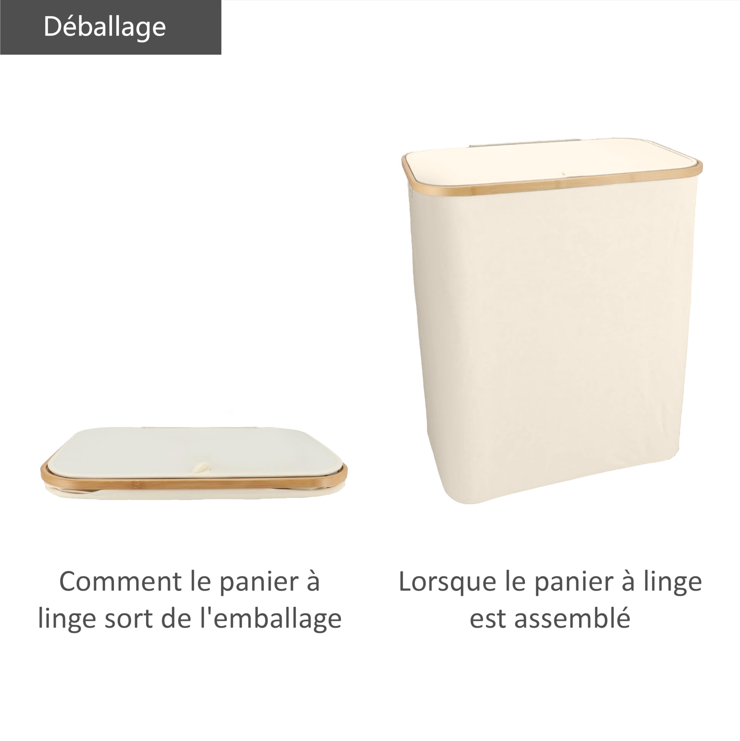 Panier à linge 3 compartiments pliable 145L - Beige – Bac à linge bambou – Panier a linge pliable – Panier rangement buanderie – Bac a linge 3 compartiment