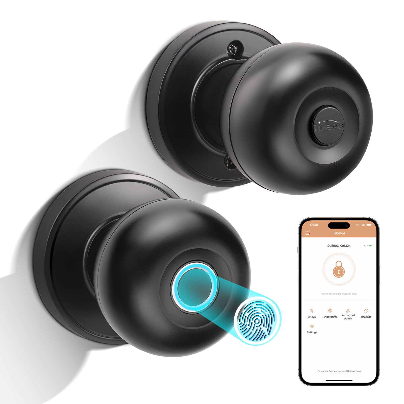 Smart Fingerprint Door Knob, Keyless Entry Door Lock with Remote App Control, Auto Lock, Biometric Finger Print Smart Lock Door Knob for Front Door, Bedroom, Office, Black