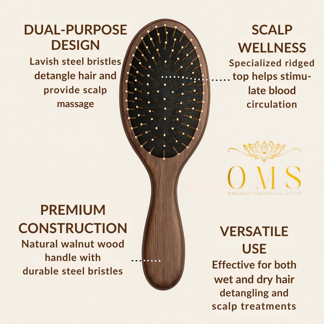 Cepillo de pelo de lujo, cerdas de acero chapado en oro, mango de madera de nogal, 9 x 3.5 pulgadas, masaje del cuero cabelludo, Gua Sha, desenredante