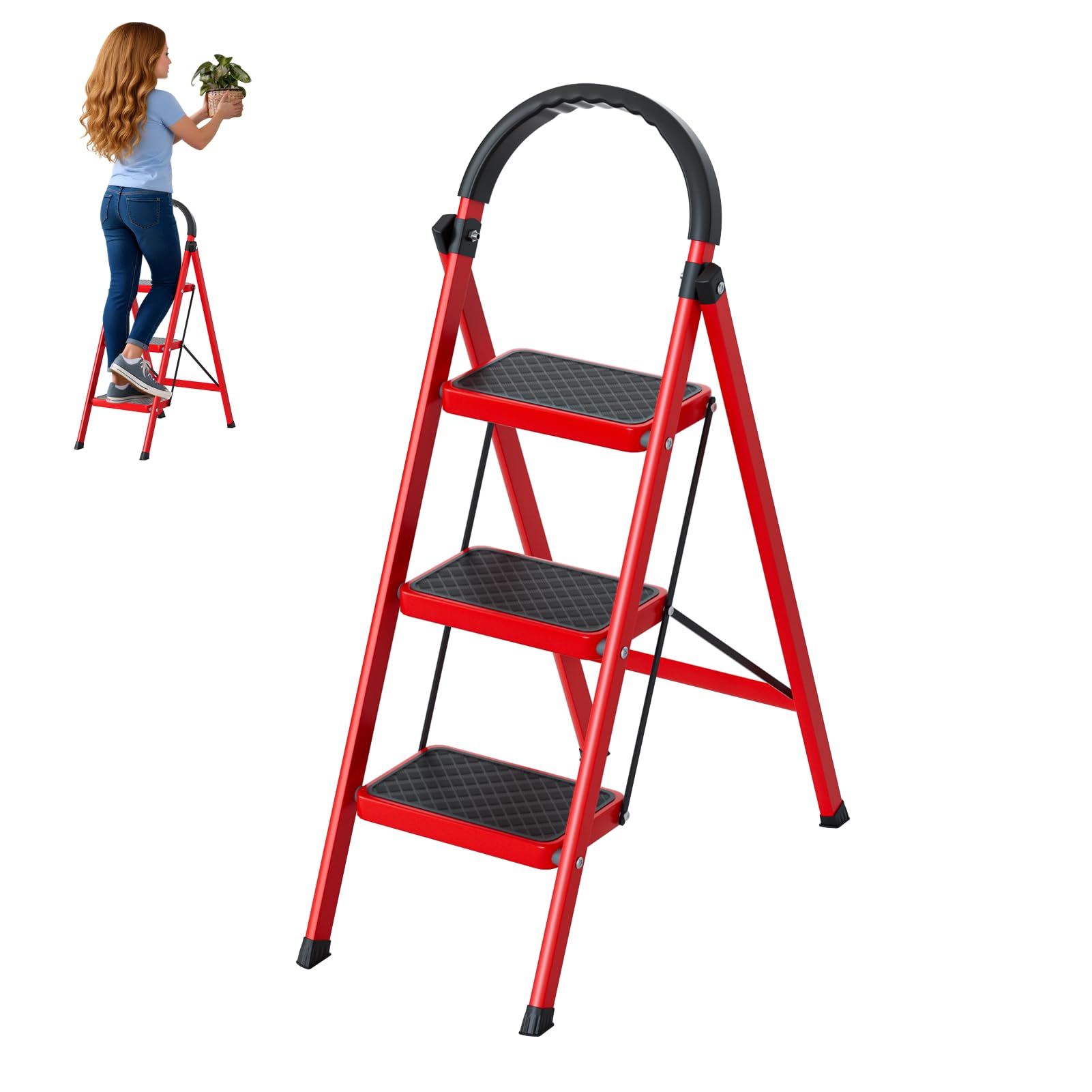 Yoakaiax Red 3 Step Ladder Folding Step Stool With Wide Anti-Slip Pedal, Sturdy Steel Ladder, 3 Steps Stool For Adults Portable Steel Steps Stool, 330 Lbs Capacity