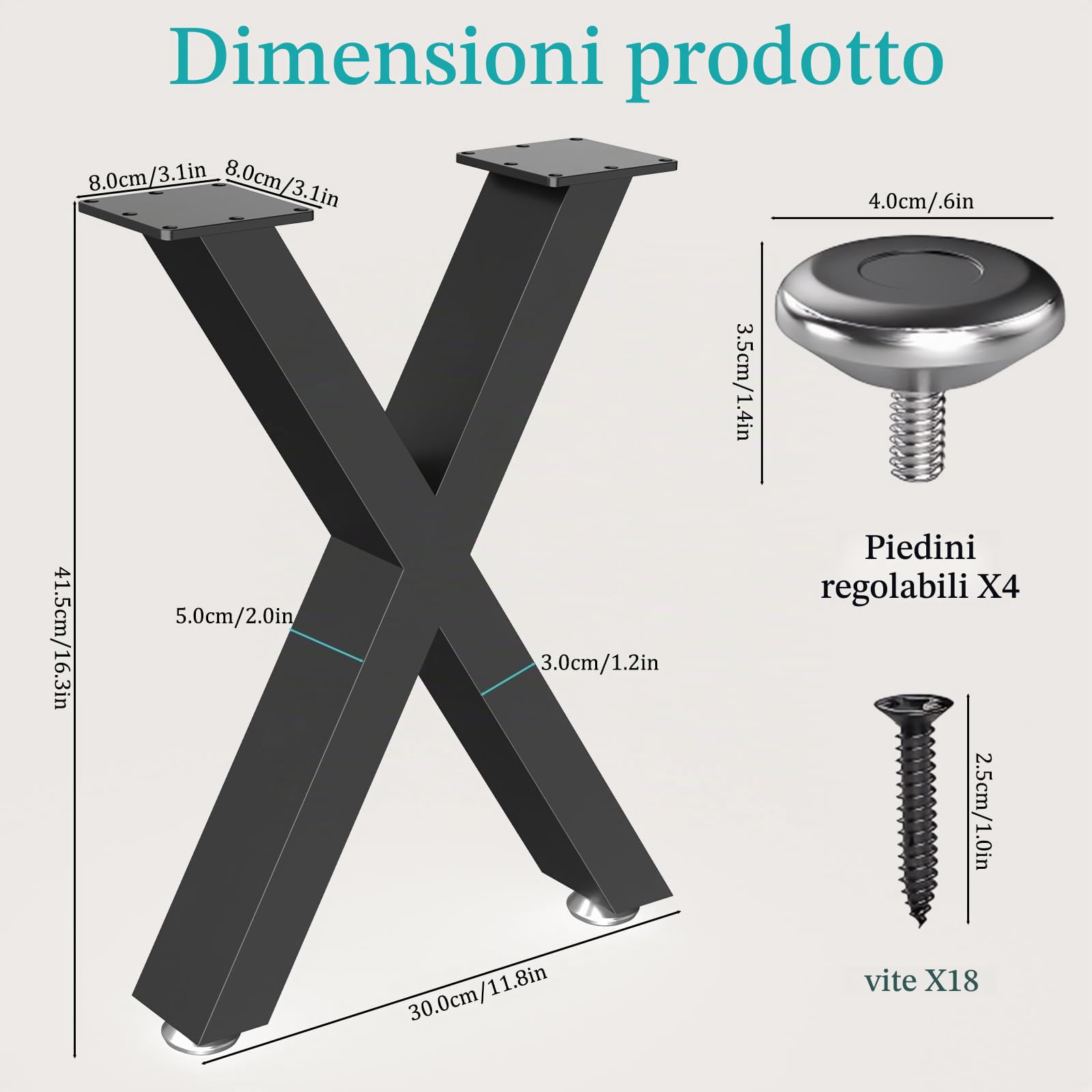2 Set Gambe per Tavolo, Carico 500kg, X-Tipo, 42x30x8 cm, Nero