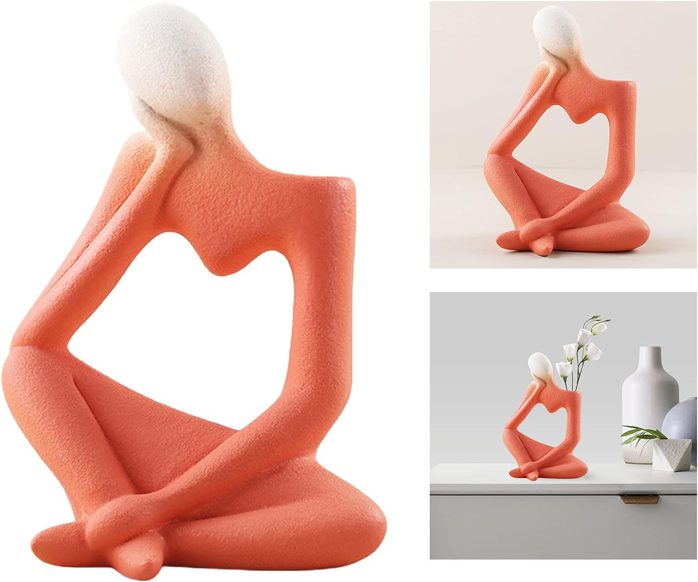 Abstract Thinker Sculpture Home Decor Decorative Figurine, Handcrafted Art Ceramic Thinking Man Vase Hand Carved Accent Decoration Statue (Orange)