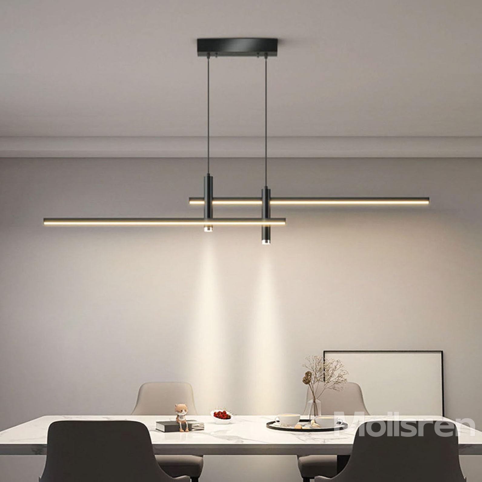 Modern LED Dimmable Pendant Light, Dining Table Lights Ceiling, Linear Chandeliers Height Adjustable, Black Kitchen Island Lights with Remote Control for Dining Room Kitchen Bar (Black, 100cm)
