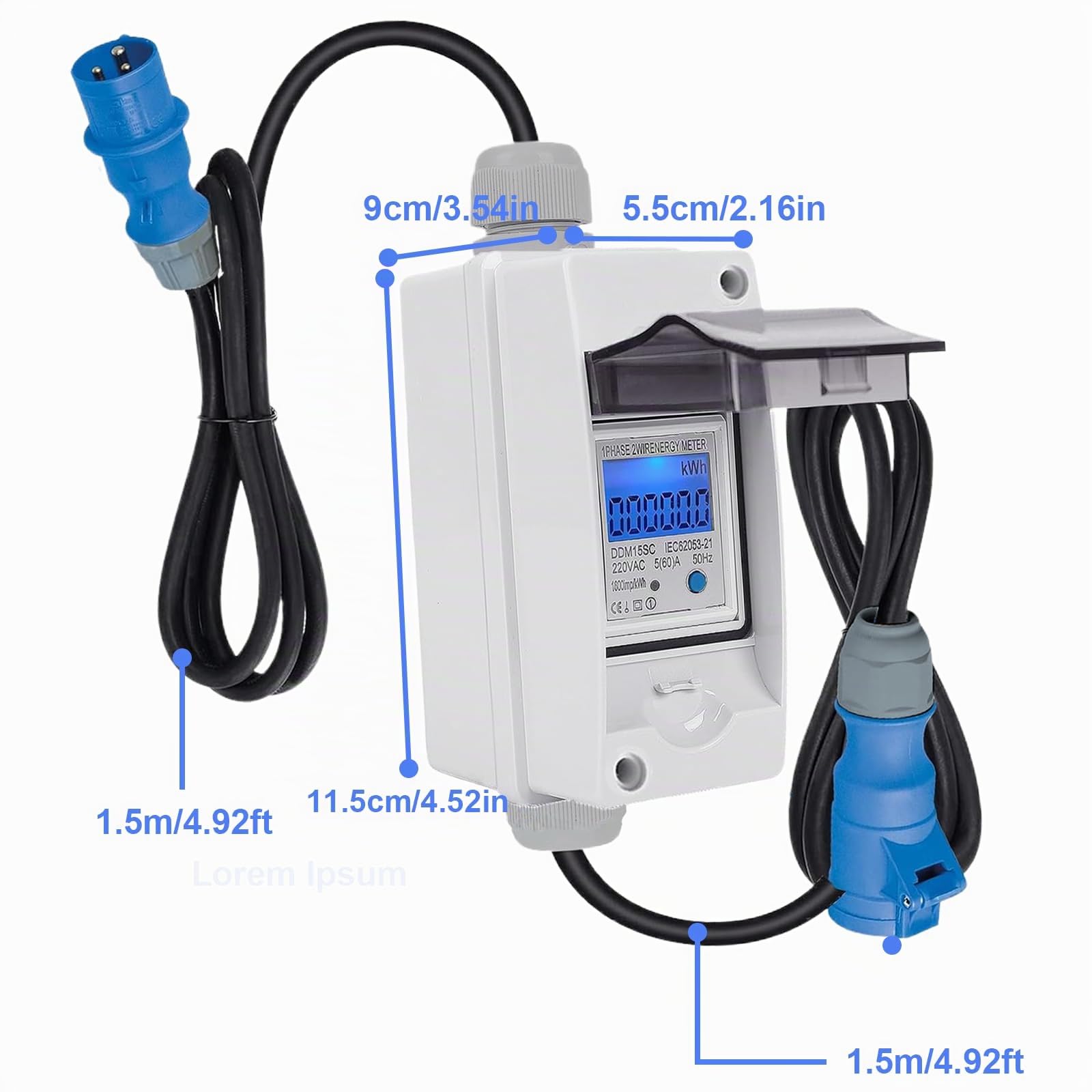 Contador de Electricidad Digital Móvil,230V Consumo Energía Portátil Móvil | con LED/Reinicio/Enchufe Industrial/Cable de Goma ,IP 65 Impermeablemedidor para Autocaravanas/Vehículos Eléctricos