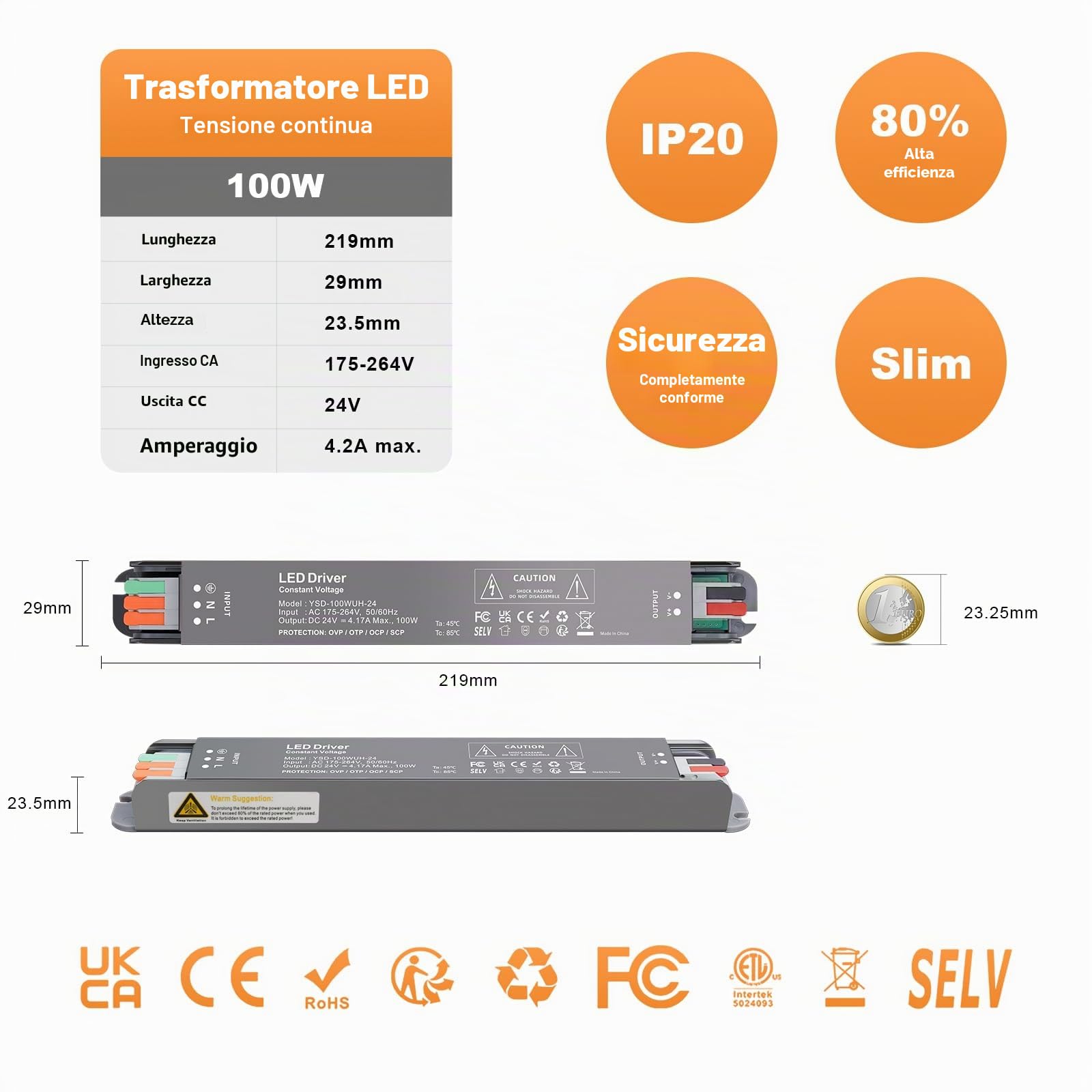 YAYZA! Trasformatore LED 24V 100W, 230V A 24V DC 4.2A, Alimentatore A Bassa Tensione, Tensione Costante Per Strisce G4 MR16 Lampade Illuminazione