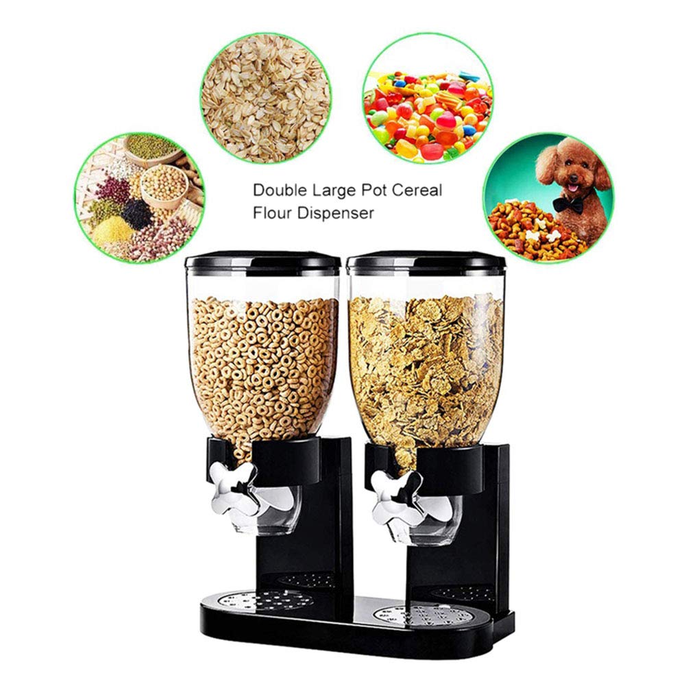 Li-HIM Dispensador de Cereal Doble: Recipiente de Almacenamiento de Alimentos Secos, herméticos y Transparentes con Bandeja de derrames incorporada, para el Desayuno/Comida para Perros y Gatos