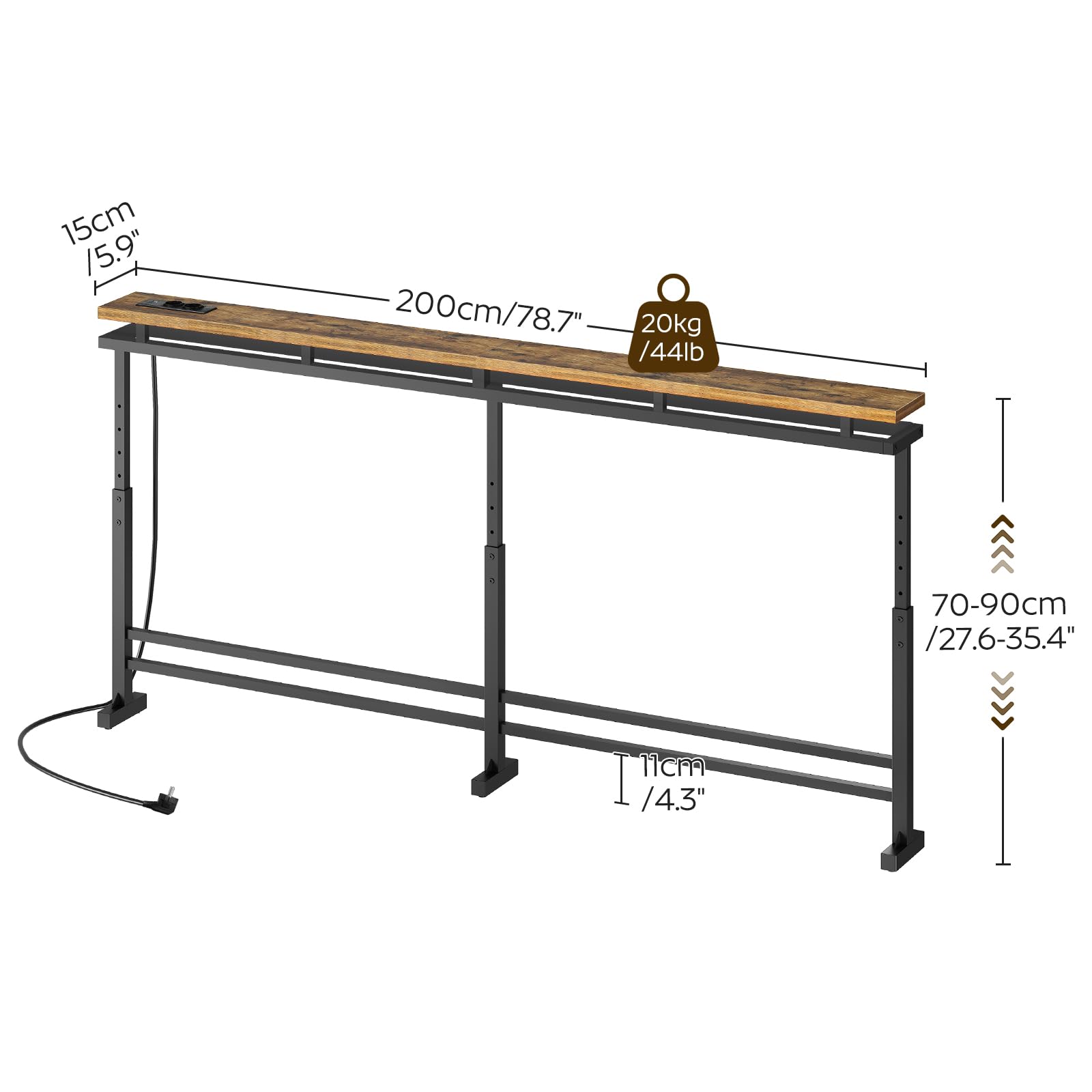 YATINEY Consolle Ingresso con Altezza Regolabile, Tavolo Console con LED | 200 cm Consolle sottile con Stazione di Ricarica, Tavolo da Ingresso Dietro Divano per Corridoio, Soggiorno, XCT27CDBR
