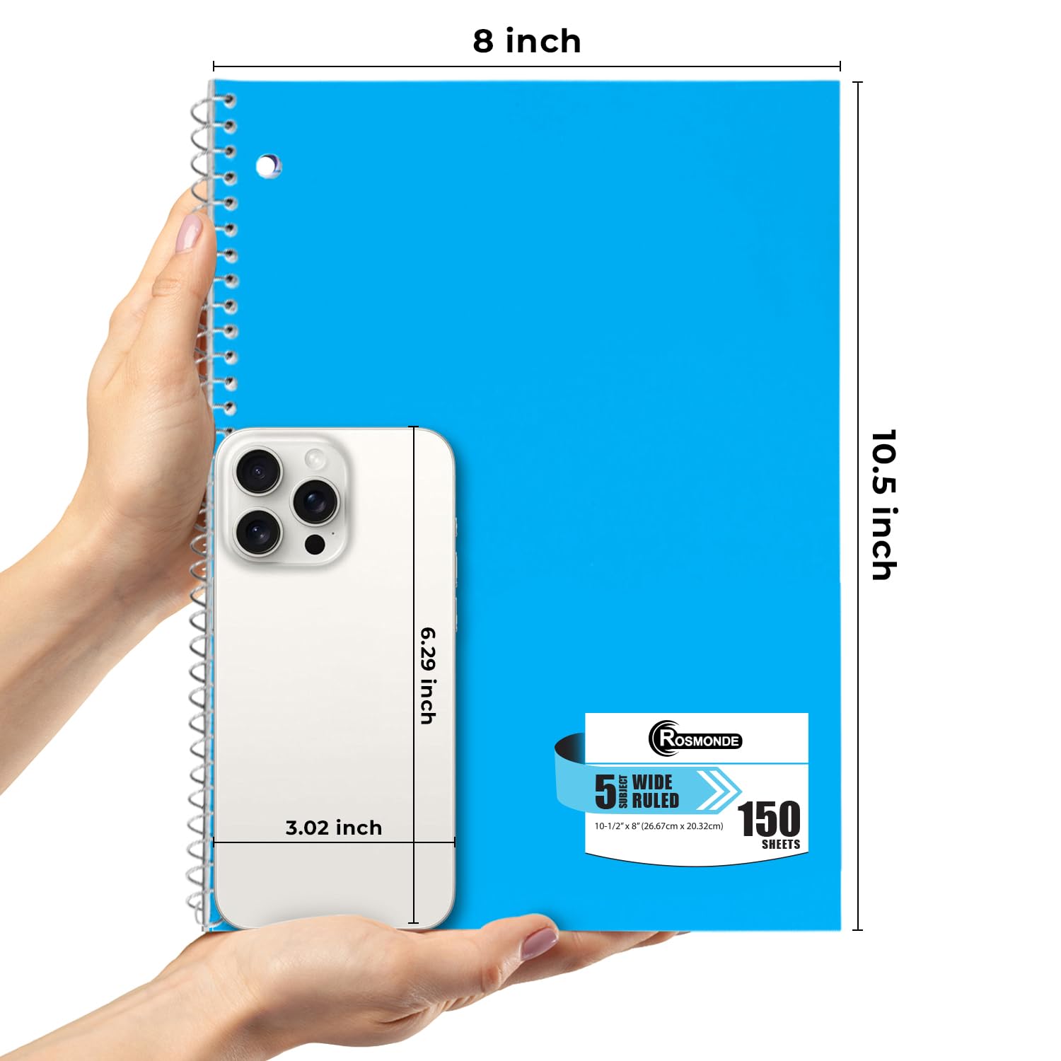 Rosmonde Lot de 6 cahiers à spirales larges lignés, 300 pages (150 feuilles), 20,3 x 26,4 cm, carnet à spirale avec intercalaires, papier épais pour lutter contre les bavures d'encre, perforé à 3