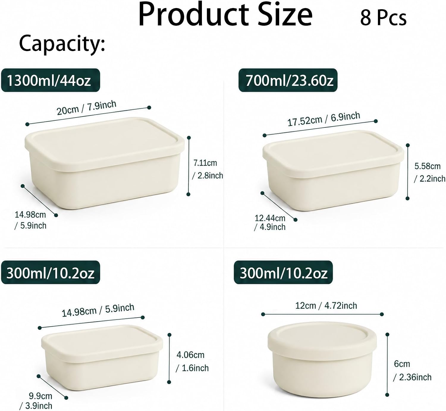 8 Pcs Food Storage Containers with Lids, with 2 Round 300ml Container, Rectangular Hard Shell Silicone Bento Box, 10/23.6/44 Oz, Microwave Dishwasher Fridge for Kitchen Meal Prep