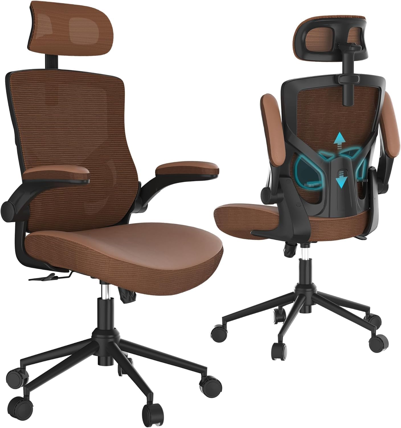 CYKOV Bürostuhl Ergonomisch Homeoffice, Wasserfall-Sitz 8h+ Rückenstütze | 4-fach Wippmechanik 90°-135°, Klappbare Armlehnen, SGS-Zertifiziert 150kg, 15cm+60° Verstellbare Kopfstütze, 5 Jahre Garantie