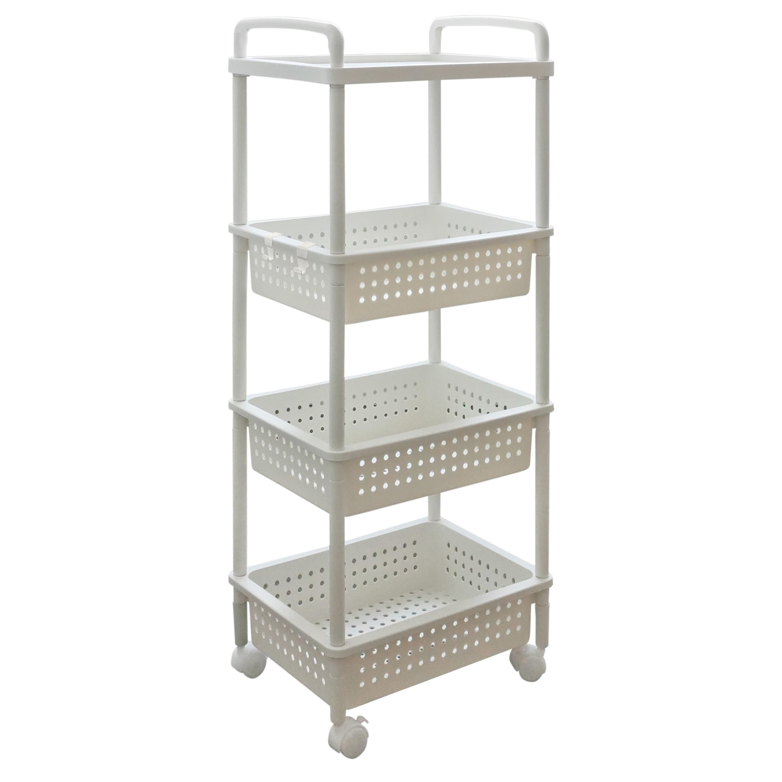 Abbaware White 4 Tier Plastic Storage Utility Cart With Top Tray, Large Baskets Organizer, Reinforced Lockable Wheels For Home Storage, Office Storage,