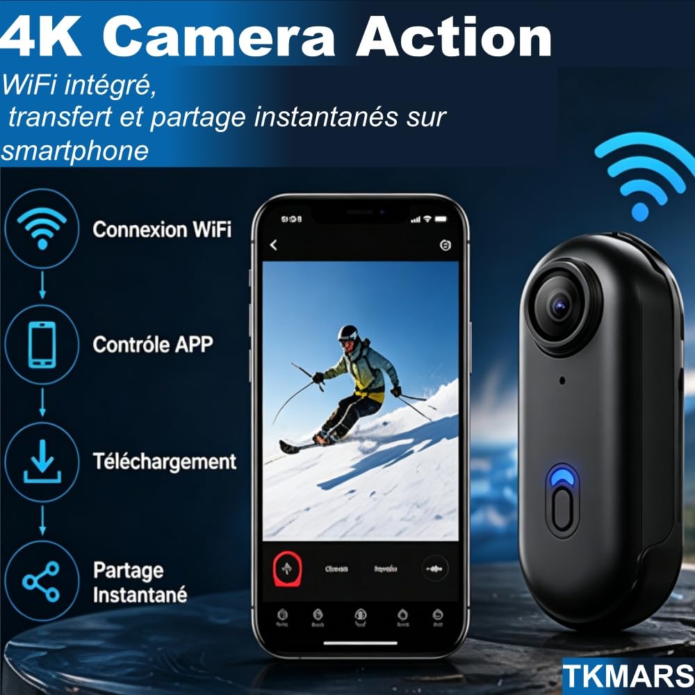 TKMARS Mini Caméra Action 4K, Caméra Sport Portable avec Clip Magnétique 360°, Caméra Moto Casque POV Vlog, Étanche avec Boîtier, Grand Angle 120°, WiFi, Idéale pour Vélo Moto Randonnée