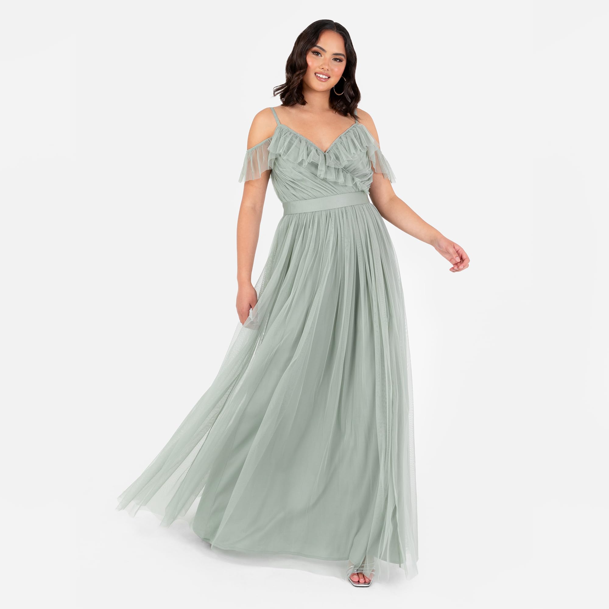 Anaya with Love Damen Women's Maxi Dress Ladies Sleeveless V-Neck Cold Shoulder Tulle Sash Tie Belt A-line Bridesmaid Wedding Guest Ball Gown Dress (1er Pack)