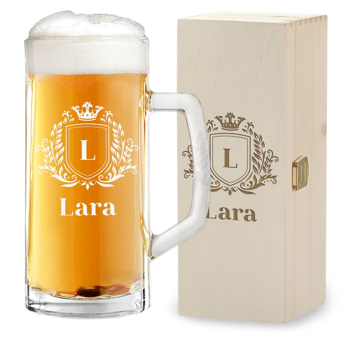 polar-effekt 2-TLG Geschenkset 1x Bierkrug 500 ml und 1x Holzkiste mit Gravur - Männergeschenke zum Geburtstag - das Jubiläumsgeschenk - Bierseidel mit Füllstrich - Bierglas für Papa und Opa