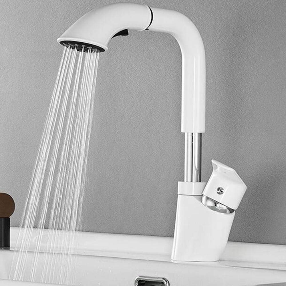 Grifo de Lavabo Extraíble Grifo Baño Blanco Latón Grifo de Lavabo Multifuncional Giratorio Frío y Calor Elevable Retráctil Grifo de Baño