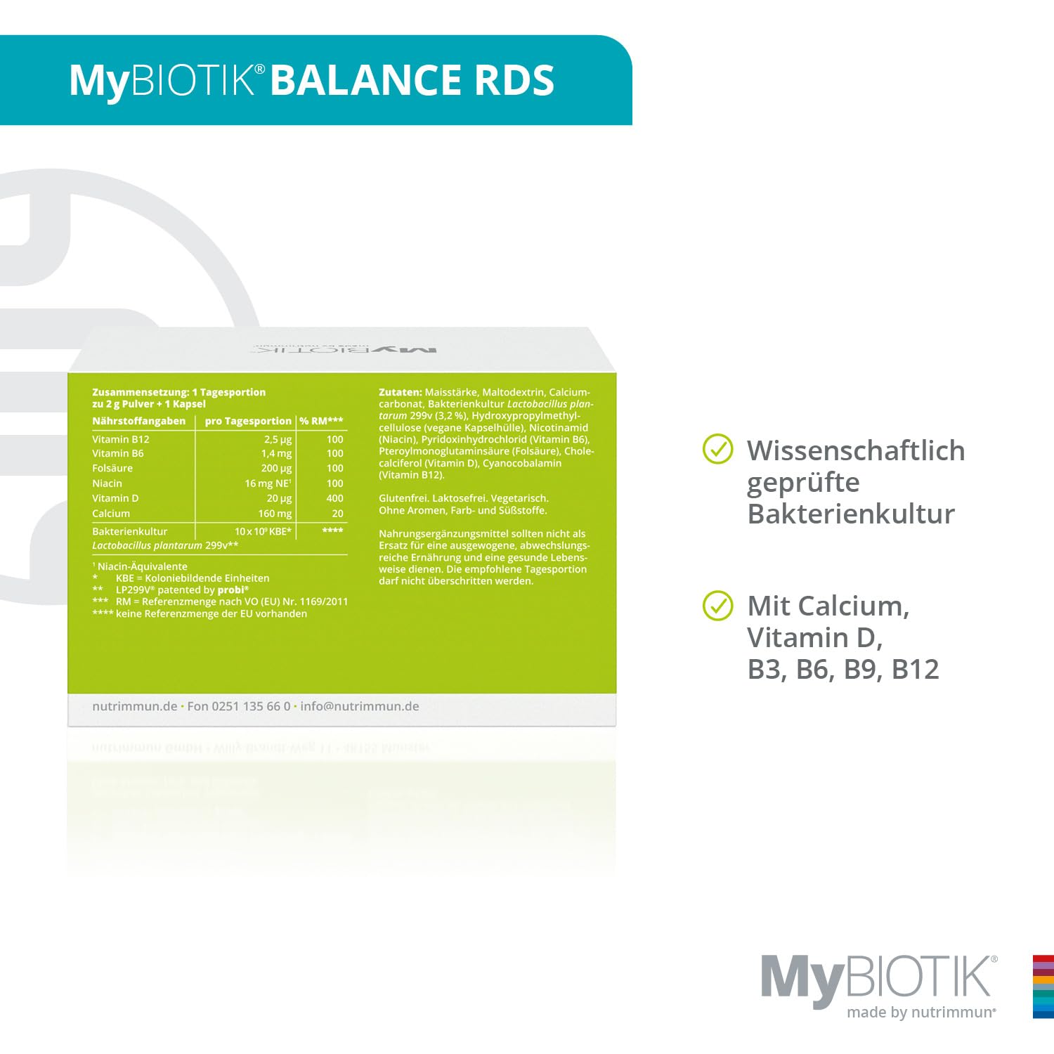 MyBIOTIK®BALANCE RDS I made by nutrimmun I Für 40 Tage I Aktive Bakterienkultur LP299V® I Vitamin D I Calcium I B-Vitamine I Pulver + Kapseln I Vegetarisch I Glutenfrei I Laktosefrei I Laborgeprüft