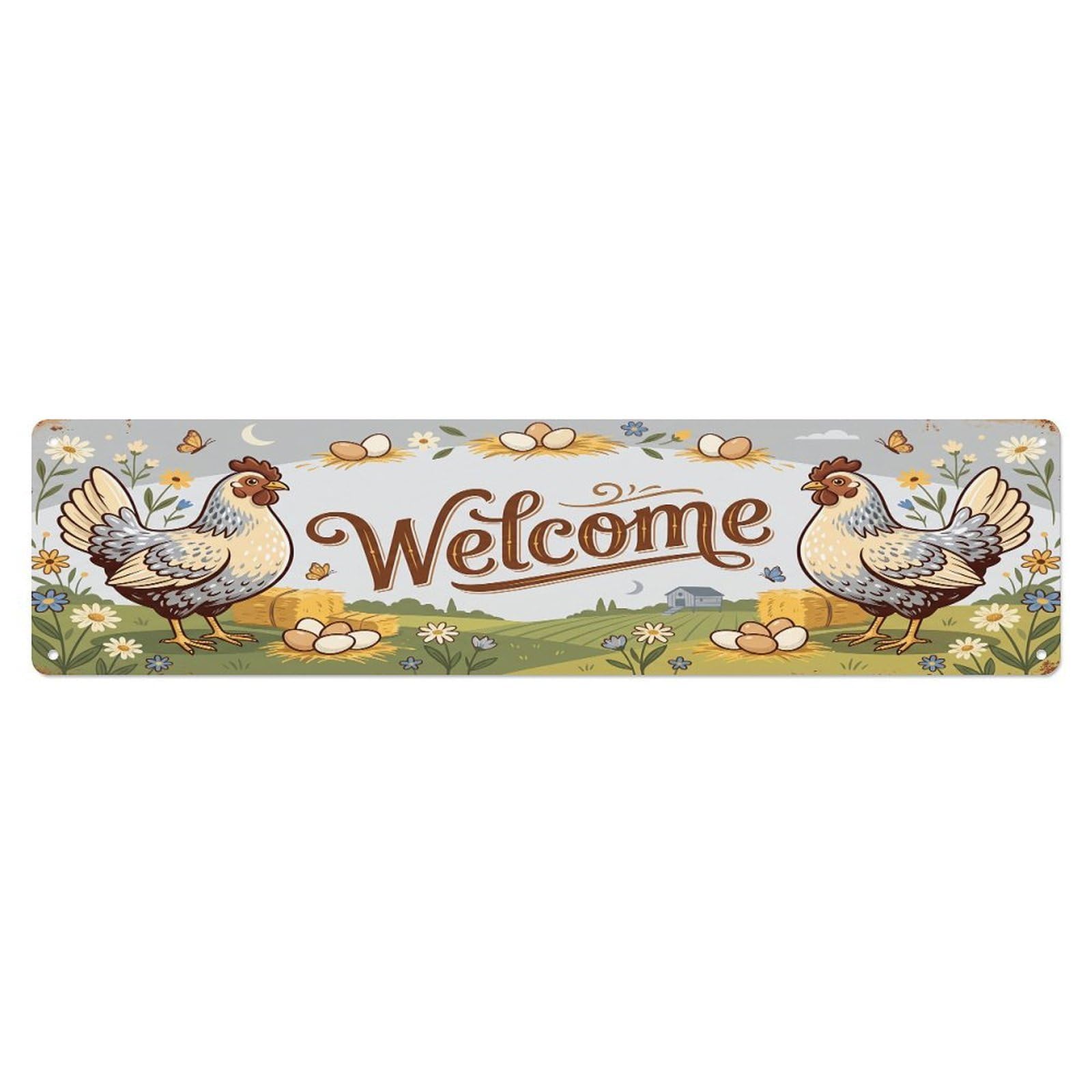 Cxhjca 4X16inch(10X40cm) Vintage Welcome Hamburg Chicken Metal Tin Sign