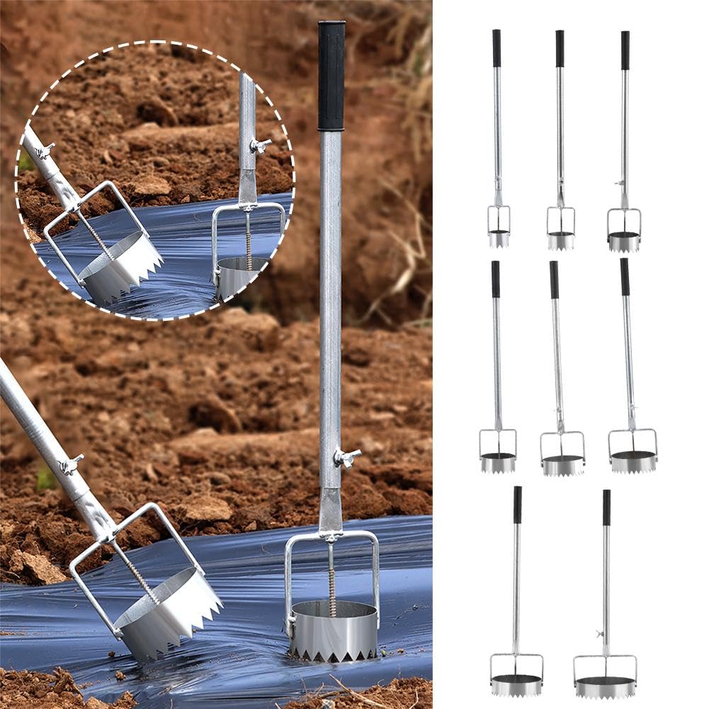 Strumento per fori in plastica per pacciamatura agricoltura, con manico retrattile, strumento per piantare bulbi da giardino, fori di scavo per serre, giardini e fattorie (diametro 9 cm, 1 pezzo)