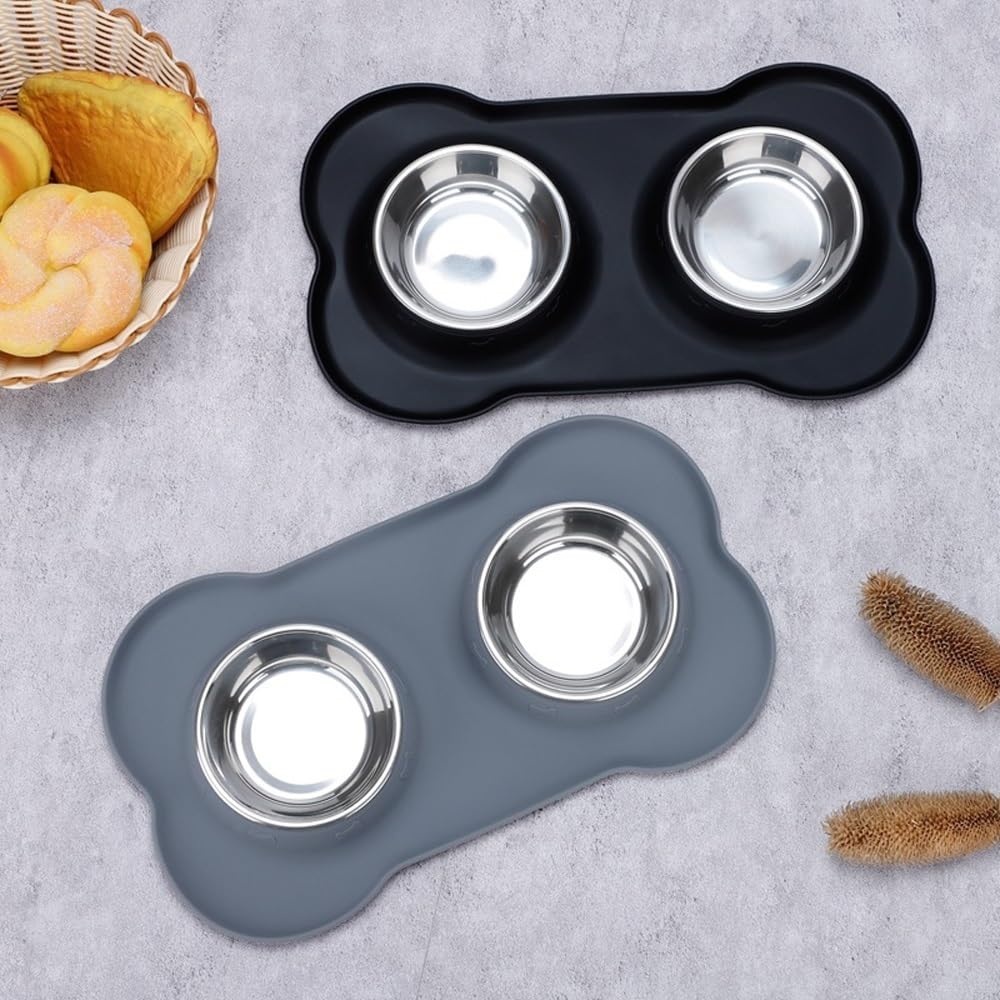 Futternapf-Set aus Edelstahl mit rutschfester Matte, perfekt für kleine, mittelgroße Welpen, Hunde und Katzen, kein Verschütten, Schwarz (Rosa, L)