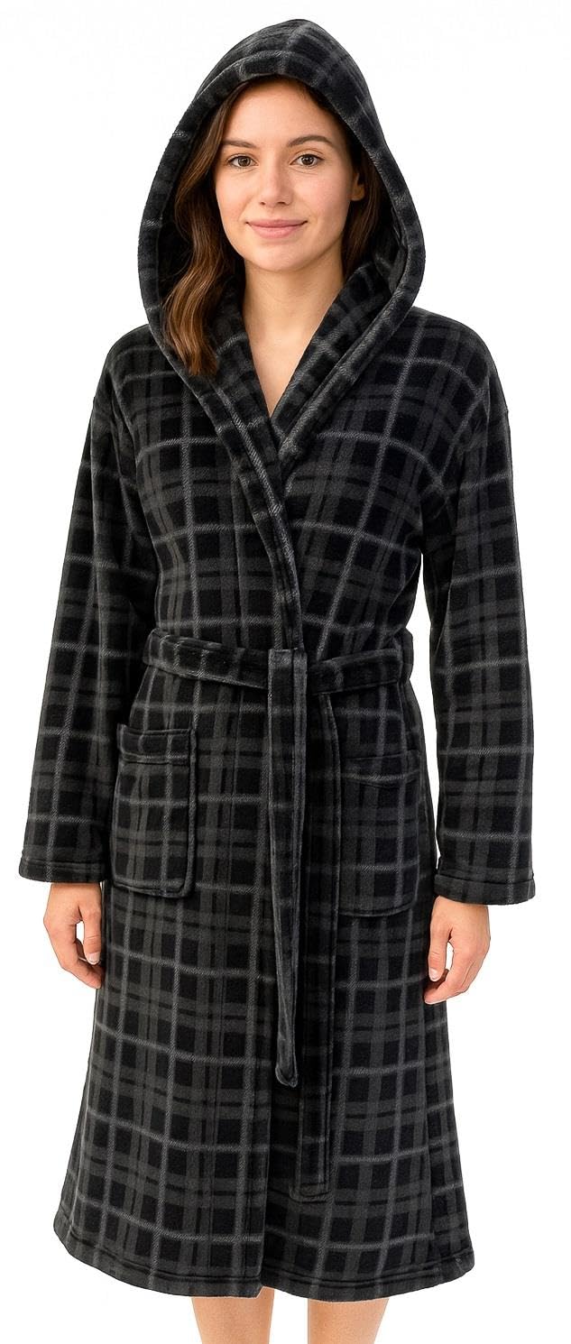 Adore Home Hooded Flannel Fleece Dressing Gown Bathrobe Warm Soft Cosy Bath Robe, Check Grey, S-M