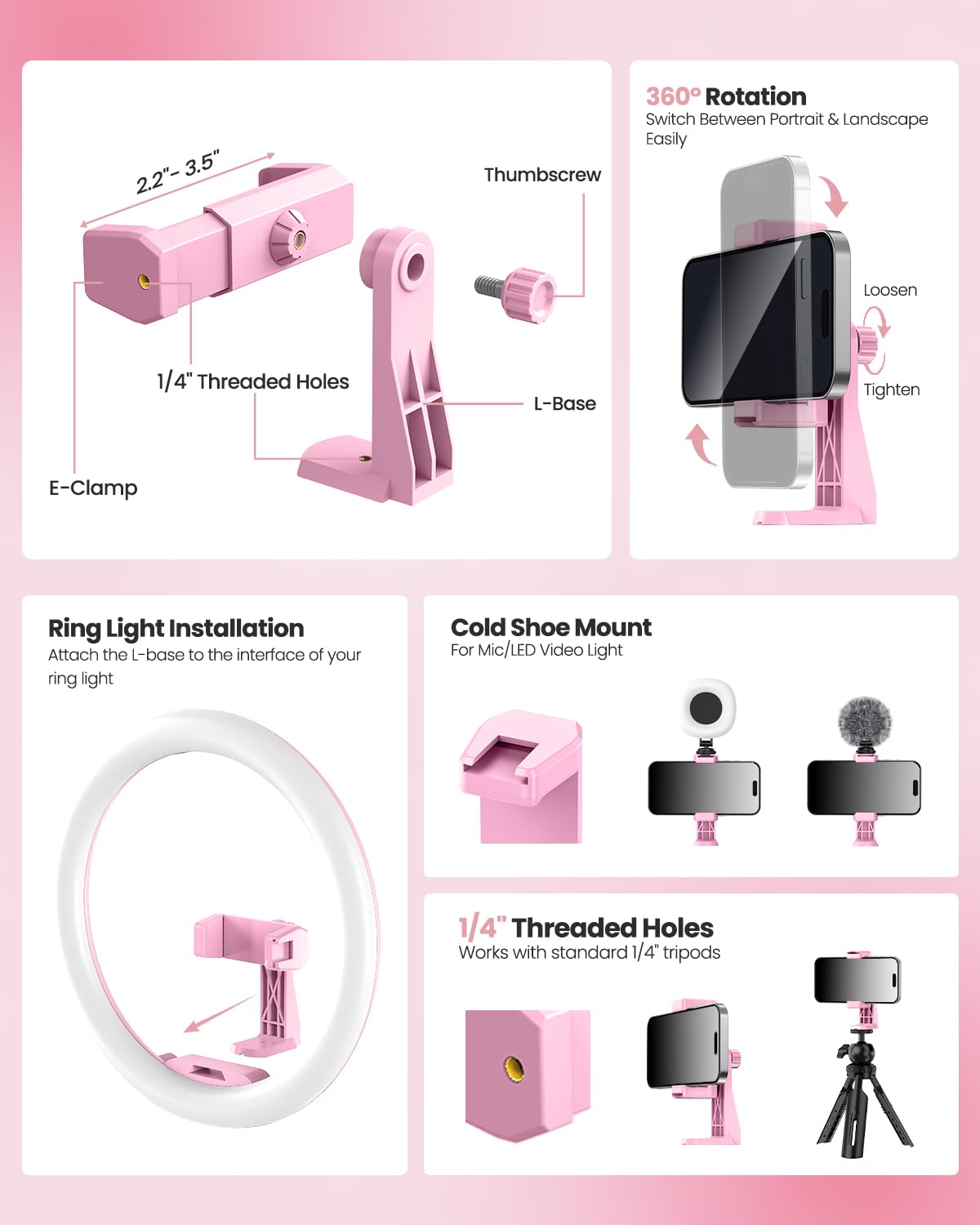 UBeesize 12'' LED Ring Light with 62'' Tripod Stand, Selfie Ring Light for Video Recording, Live Streaming, TikTok & YouTube, Compatible with iPhone & Android (Black): 12-in Pink