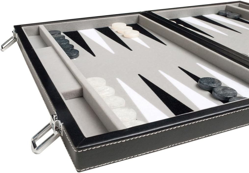 Travel Backgammon Set - Leatherette, Velvet Playing Field - 15-inch, Black/Grey