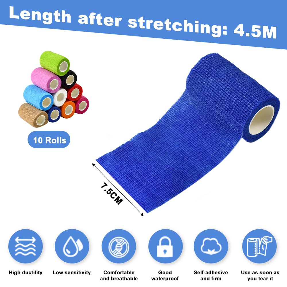 10 Rotoli di Benda Elastica Autoadesiva,Elastica Bendaggio Adesiva da 7.5 cmx 5 m,Autoadesivo Benda Salvapelle Fasciature per Mani, Piedi, Ginocchia (Colorati)