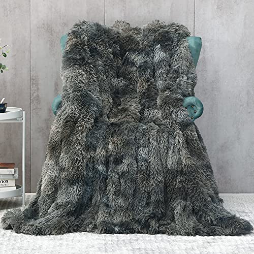 CASOFU Decorative Faux Fur Throw Blanket, Extra Soft Fuzzy Blanket for Couch, Grey Black Tie Dye Sherpa Blanket, Warm and Cozy Sherpa Fleece Throw and Blanket for Sofa and Bed (Grey, 50x60 inches)