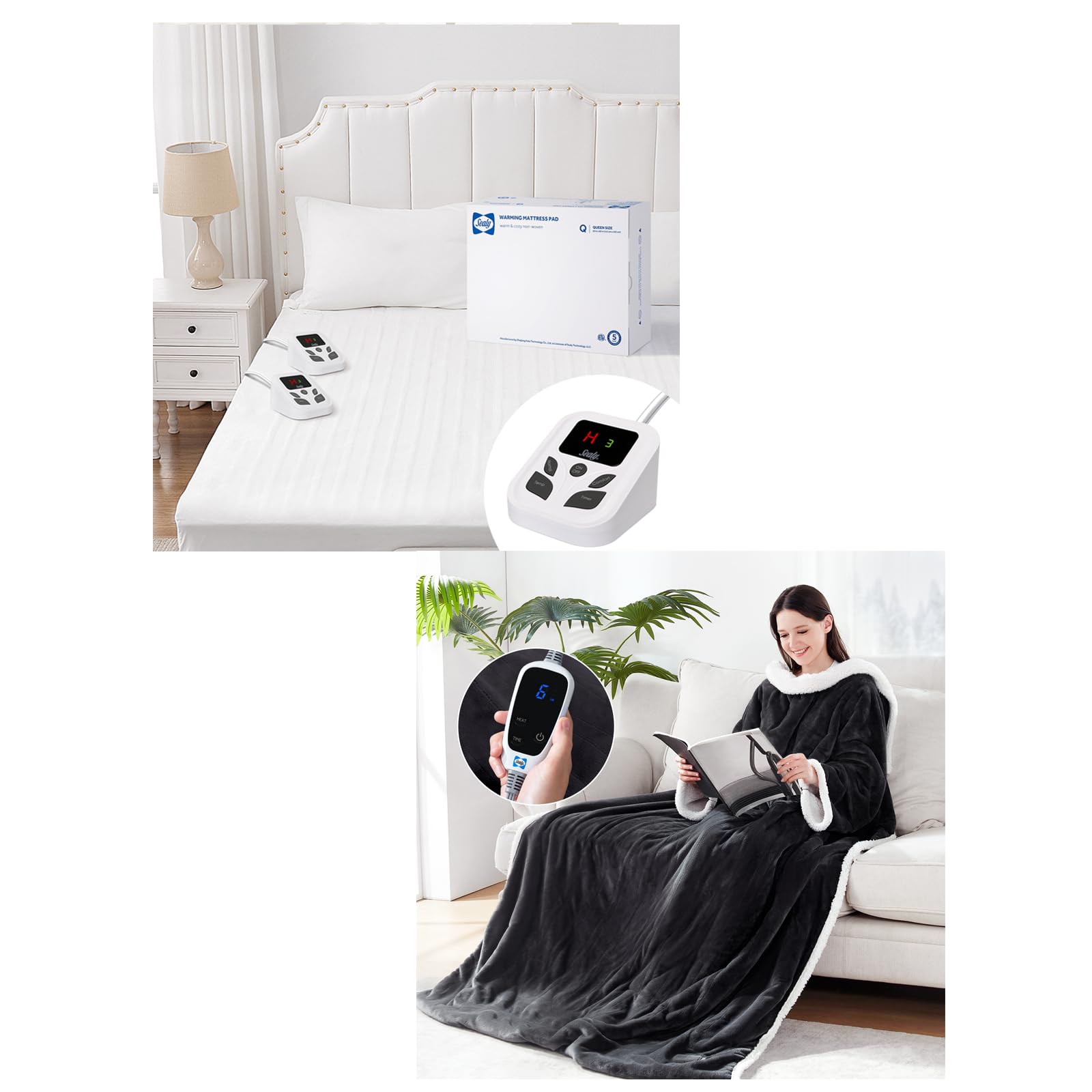 Amazon.com: SEALY Electric Wearable Blanket Throw u0026 Heated Mattress Pad  Queen Size, Sherpa u0026 Flannel Heated Blanket with 6 Heating Levels u0026 2-10  Hours Auto Shut Off, Zone Heating Electric Bed Warmer
