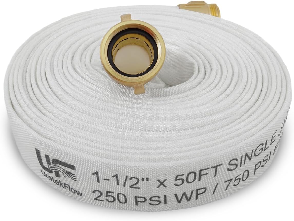 Fire Hose 1-1/2" ID x 50 FT, Single Jacket TPU Lined Firefighter Hose, 250 PSI Working / 750 PSI Burst, M x F NST/NH Brass Couplings, Lightweight & Durable