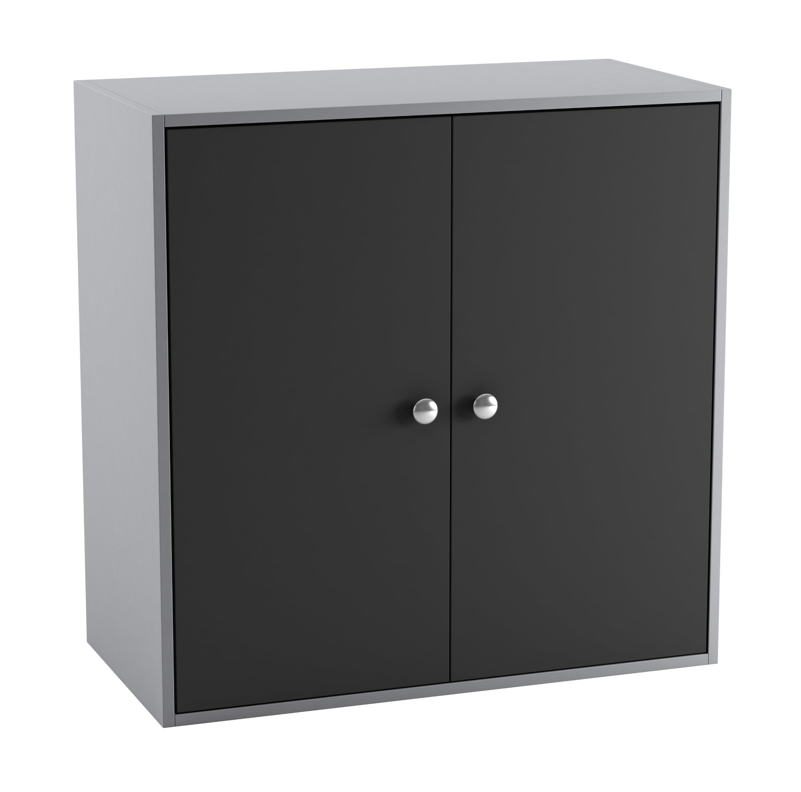 URBNLIVING 2 Tier Wooden Storage Cabinet Cupboard with Shelves Optional Doors Bedroom Bedside Unit Living Room Hallway Furniture (Grey & Black Door)