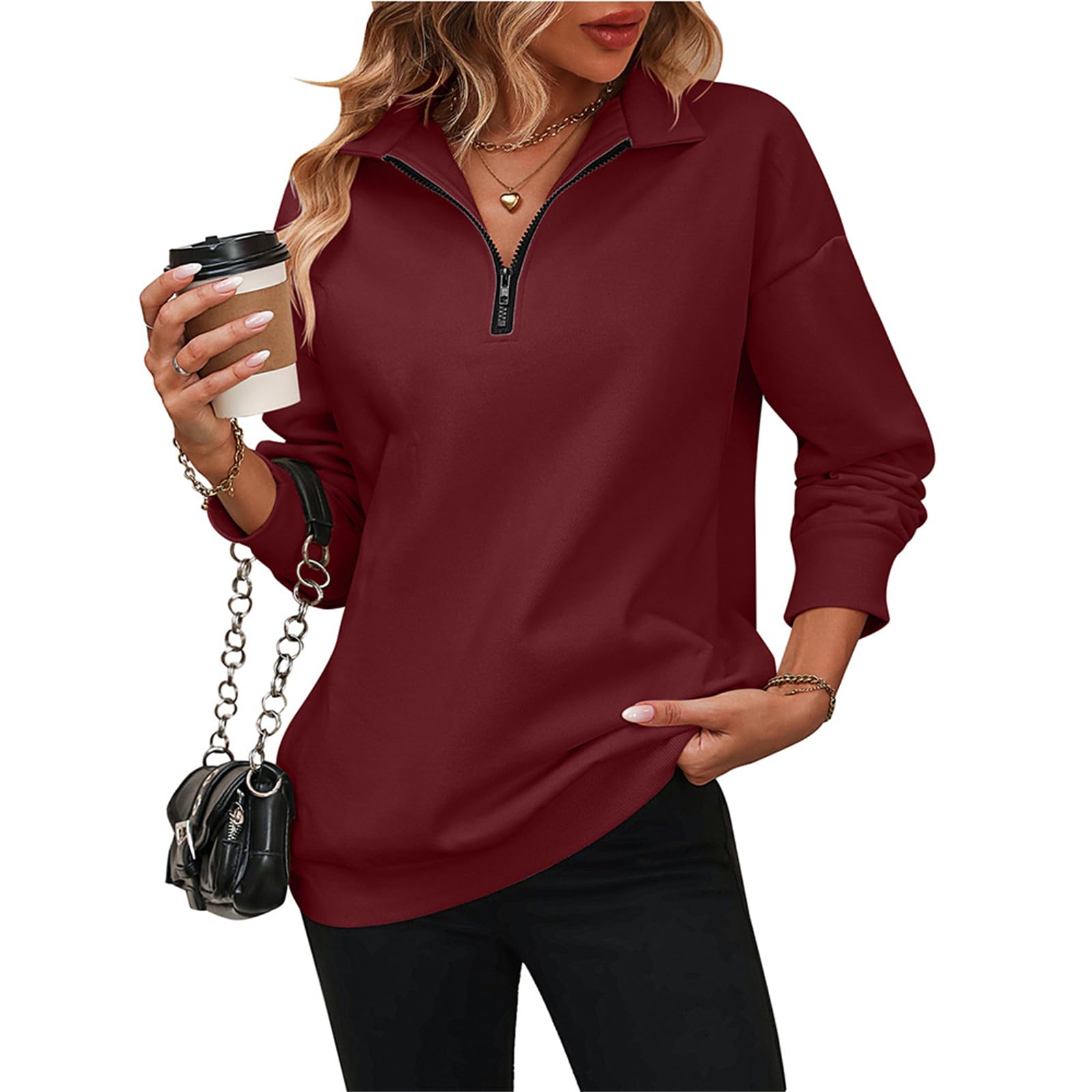 Wholeentire - Sudadera ligera de manga larga con cuello y cremallera para mujer, con cremallera de un cuarto