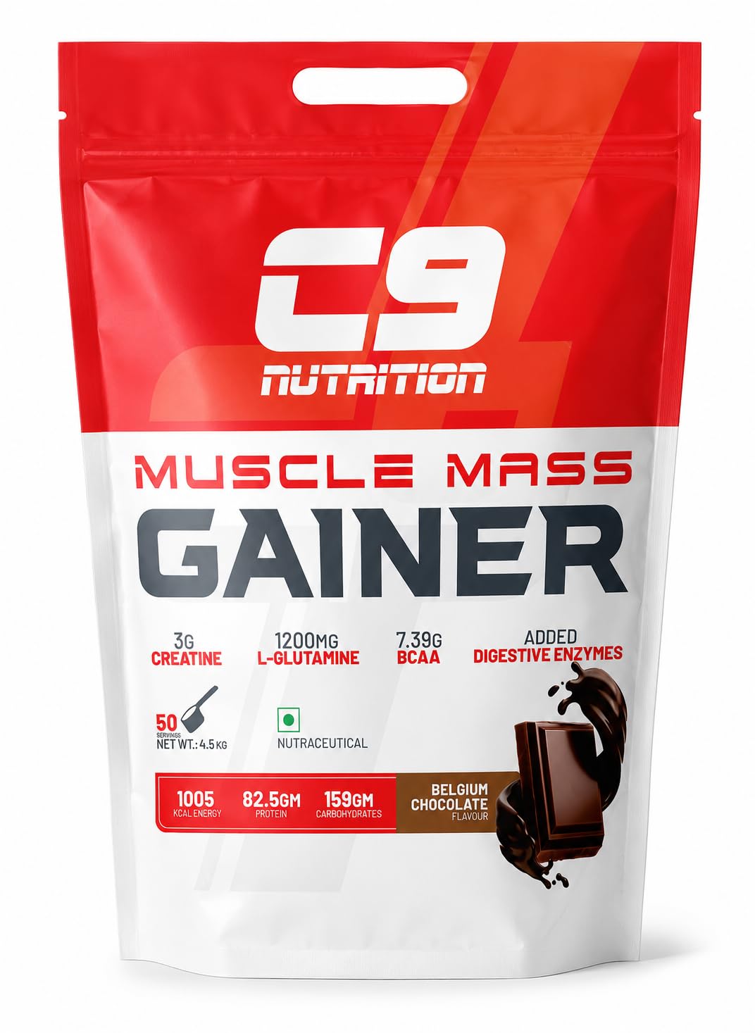 C9 Nutrition Muscle Mass Gainer Powder 4.5kg | 82.5g Protein, 159g Carbohydrates, 3g Creatine, L-Glutamine & BCAA | Weight Gainer for Men & Women | Belgium Chocolate | (55 Servings 4.5kg)-image-13