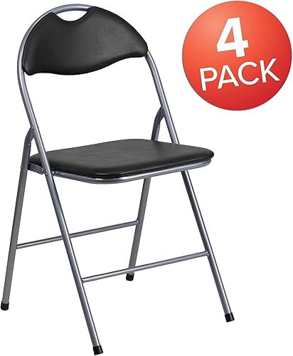 Miniatura 4 de Flash Furniture Pack de 4 sillas plegables de metal de vinilo negro con asa de transporte