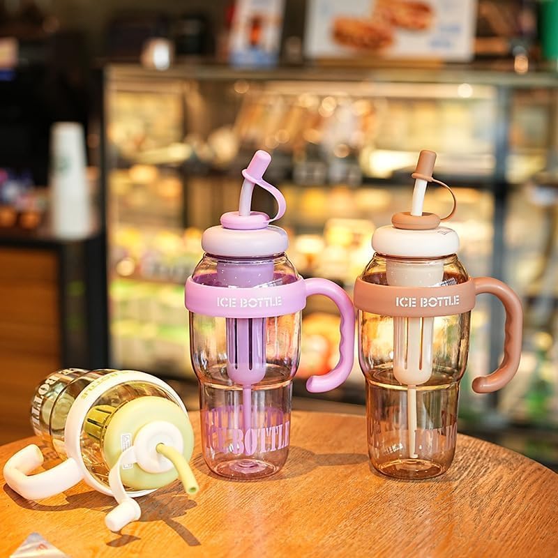 Image of Colorful Ice Bottle with Straw - 1300ml Large Capacity, BPA-Free, Heat-Resistant, Portable & Stylish Water Bottle with Handle - Ideal for Kids, Students, Adults, Outdoor & Gym Use {MULTICOLOUR}