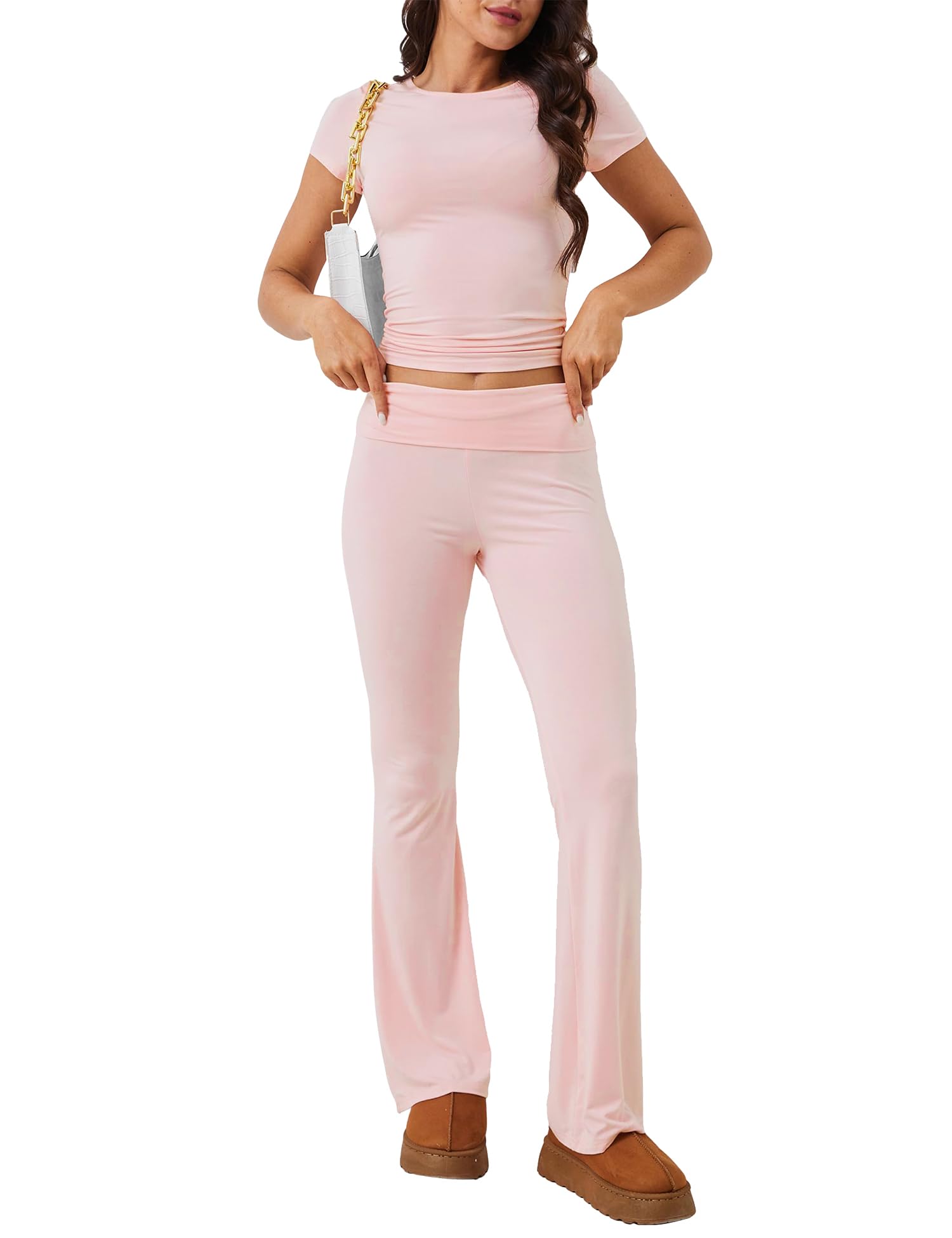 M_Eshop 2 Piece Set Women Outfit Lounge Sets Skims Top And Flare Leggings Fold Over Yoga Pants Pajamas Set
