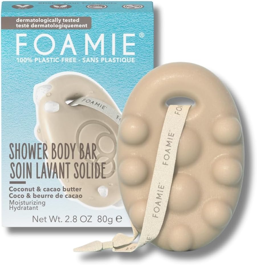 Solid Body Wash I Body Soap Bar with Coconut & Cocoa Butter I Soothing & Nourishing Skincare with Massage Beads I 100% Vegan & Plastic-Free I 80g