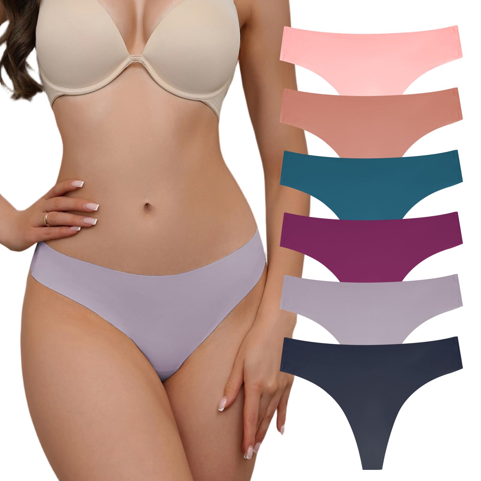RoyalBelle Seamless Thongs For Women V-Waisted Sexy Invisible No Show Breathable Stretch Panties Underwear 6-Pack