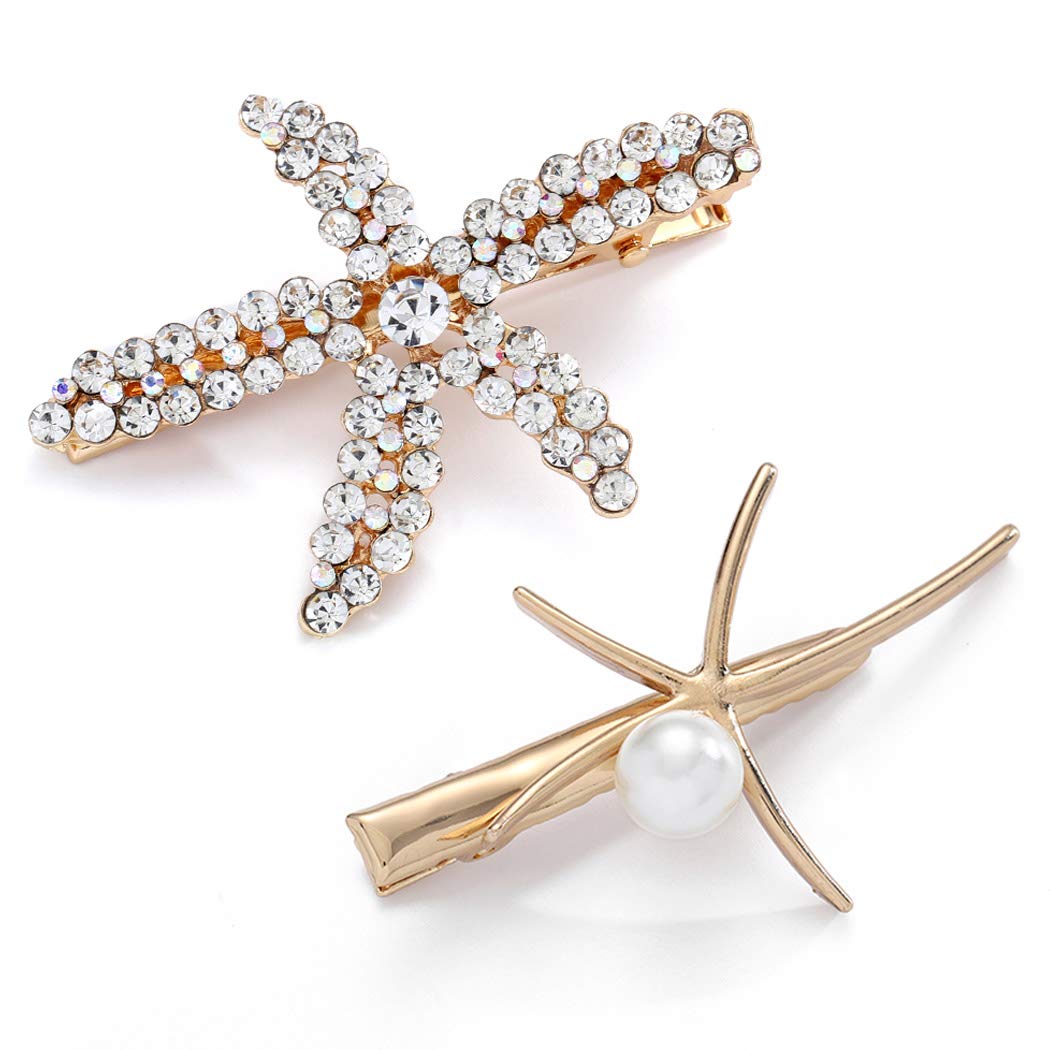 Genglass Crystal Hair Barrettes Starfish Pearl No Slip Hair Clips Gold Hair Pin Hair Accessories for Women and Girls Pack of 2