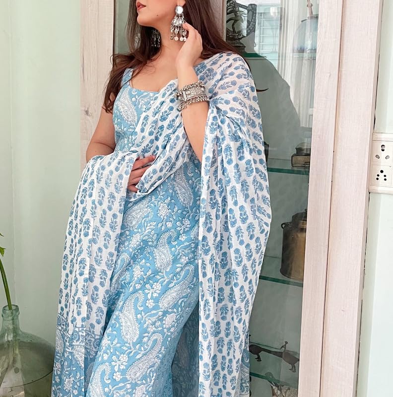 Image of Women's Cotton Anarkali Kurta Set with Dupatta | Sleeveless Printed Kurti & Palazzo Suit | Ethnic Wear for Girls & Women