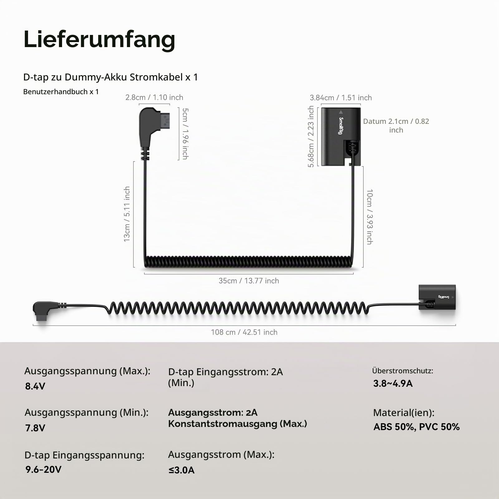 SMALLRIG D-TAP auf LP-E6NH Dummy-Akku, LP-E6NH Spiral-Stromkabel für Canon 5D Mark II, 5D Mark III, 5D Mark IV, 6D Mark II, R6 Mark III, R6 Mark II, 90D, XC10, XC15, 5DS, 5DSR, R, R5, R6, R7-4252