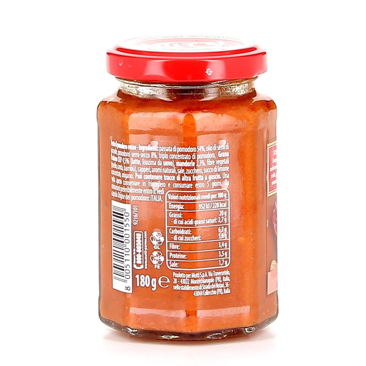 24 x Mutti Pesto Rosso Pomodori Rossi Pesto de tomate rojo Pasta Salsa 100% Tomate Italiano Vaso 180 g Salsas de especias con almendras, tomates, semillas secas y Grana Padano