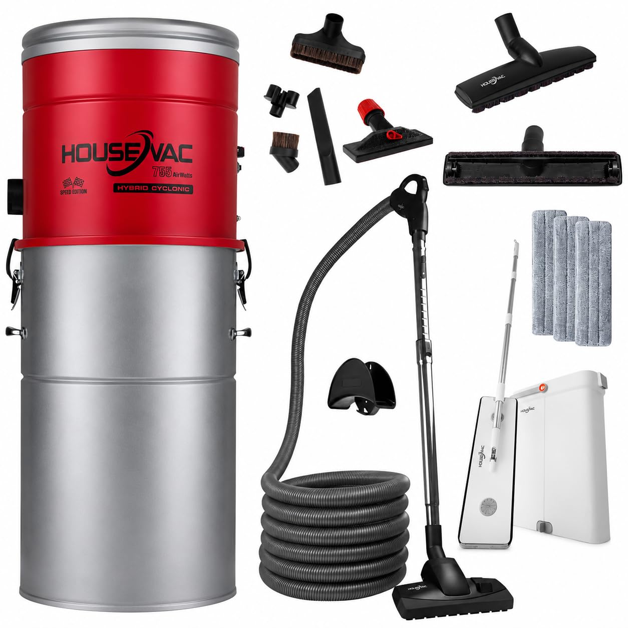 Odkurzacz centralny HV-755ST + zestaw akcesoriów do sprzątania Premium 9m | siła ssania 755 AirWatt | silnik Ametek 1700 W | 2 turbiny | Soft START/STOP| Hybrydowa Filtracja Cyklonowa