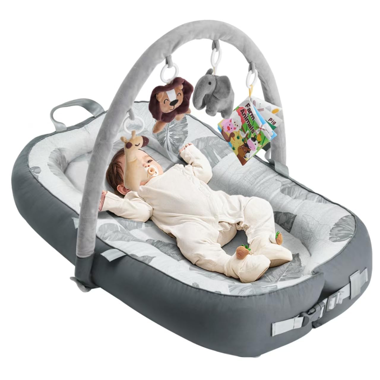 Portable Baby Lounger with 4 Toys,Infant Lounger with Fitness Rack, Breathable & Soft Cotton Newborn Lounger Machine-Washable