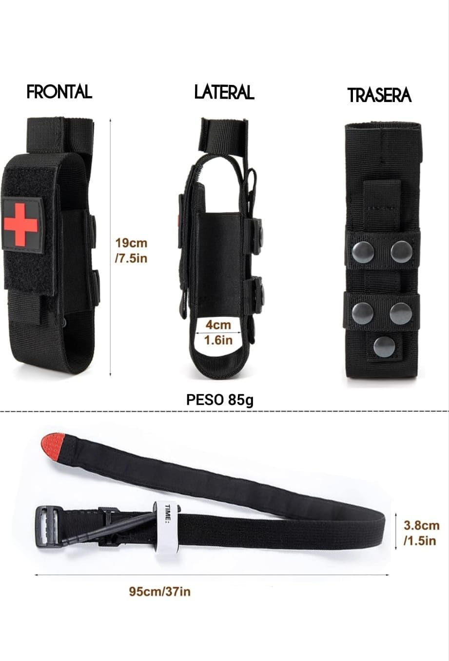 Pack Torniquete Táctico. 5 piezas (torniquete+funda+tijeras+boligrafo+parche) Kit supervivencia homologado hemorragias. Emergencias senderismo, militar, enfermero, policía Botiquín primeros auxilios